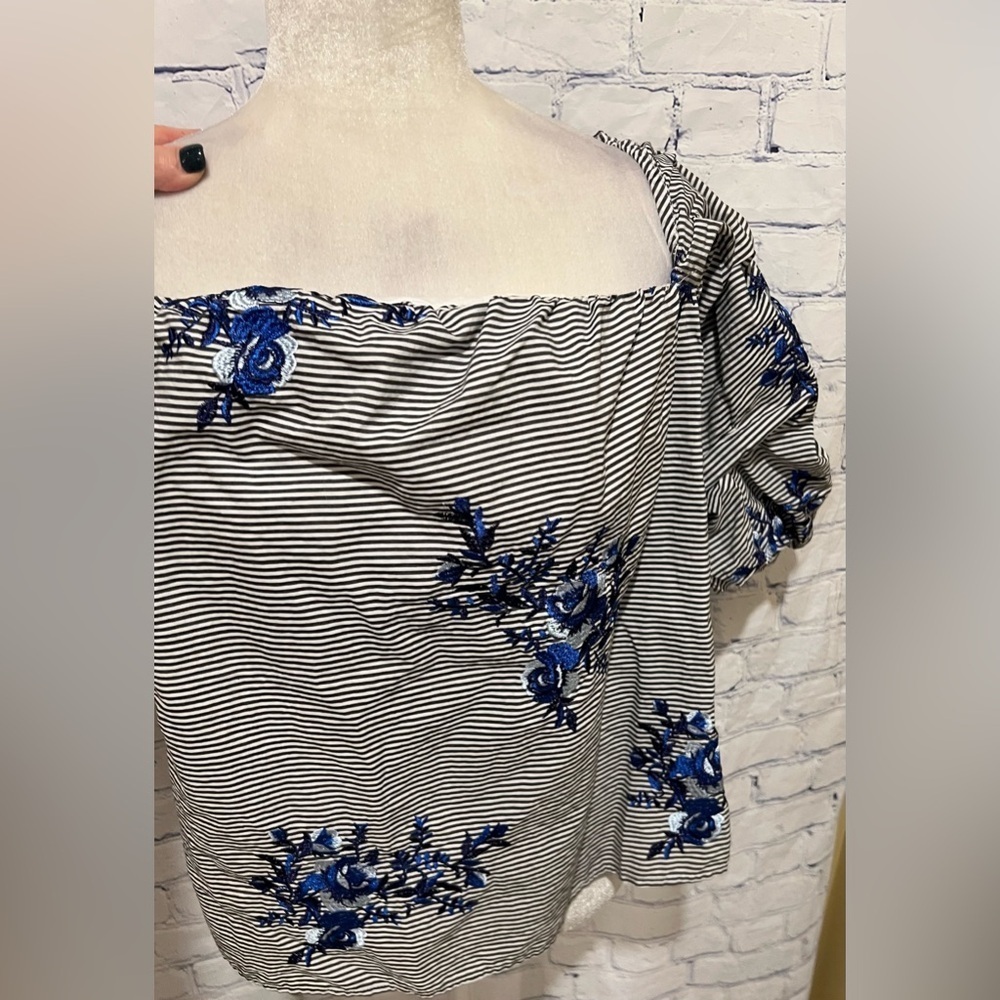 Marc Bouwer Embroidered Woven Lantern Sleeve Off-the-Shoulder Knit Lined Top XL - Picture 3 of 9